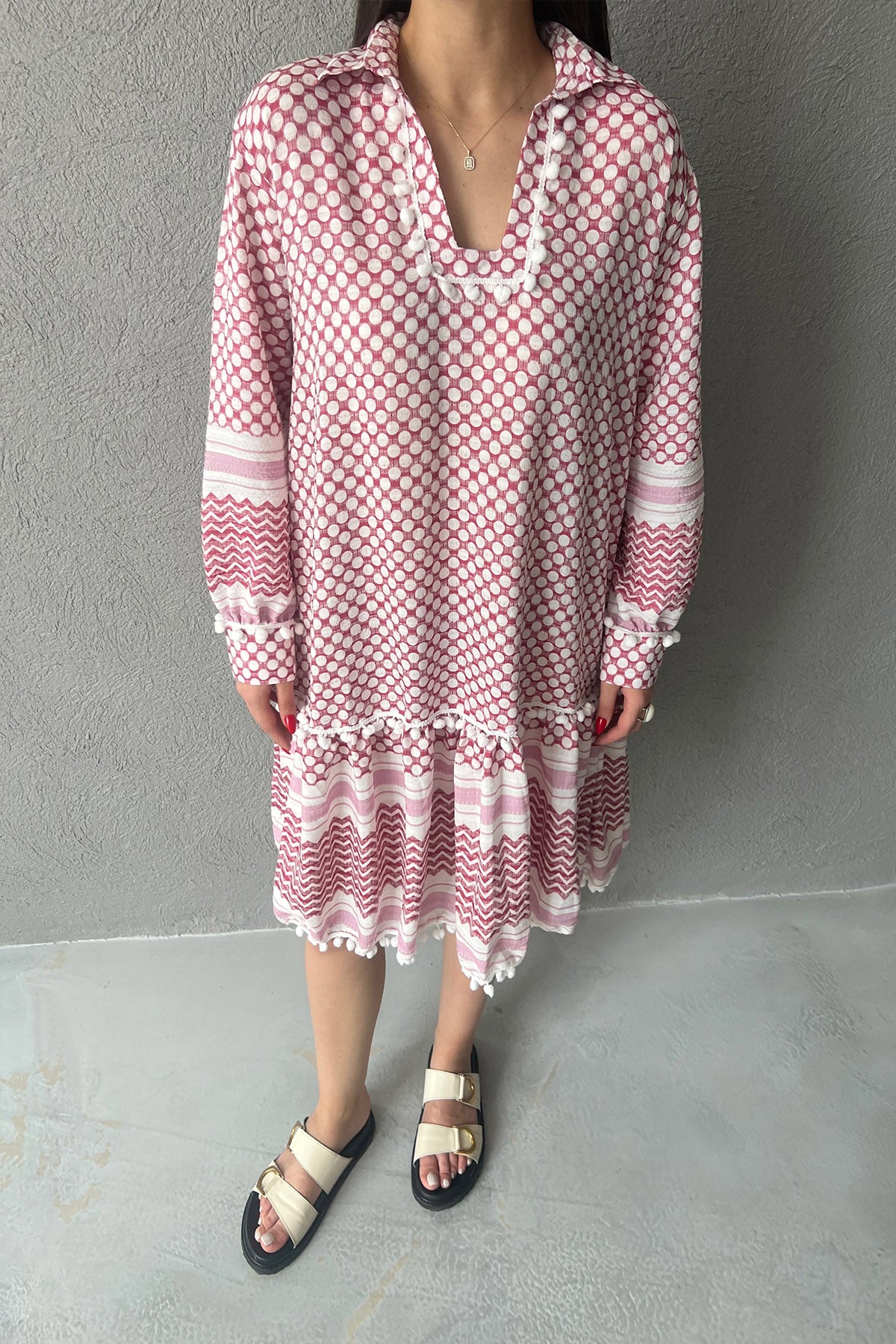 Kırmızı Desenli Gofre Kısa Elbise SY-3036-Kırmızı