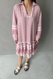 Kırmızı Desenli Gofre Kısa Elbise SY-3036-Kırmızı