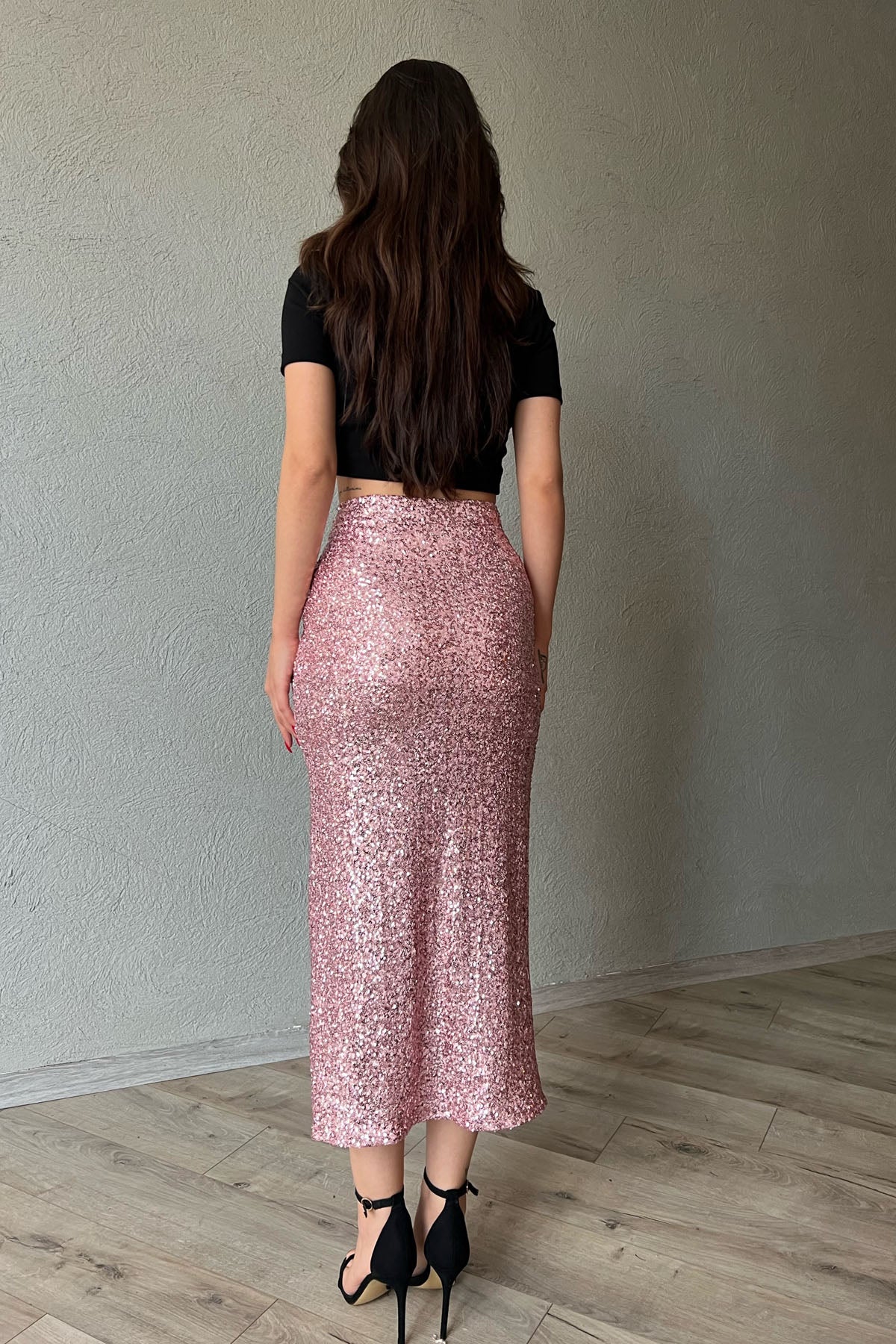 Pudra Pullu Fermuarlı Yırtmaç Detaylı Midi Etek SY-1327-Pudra