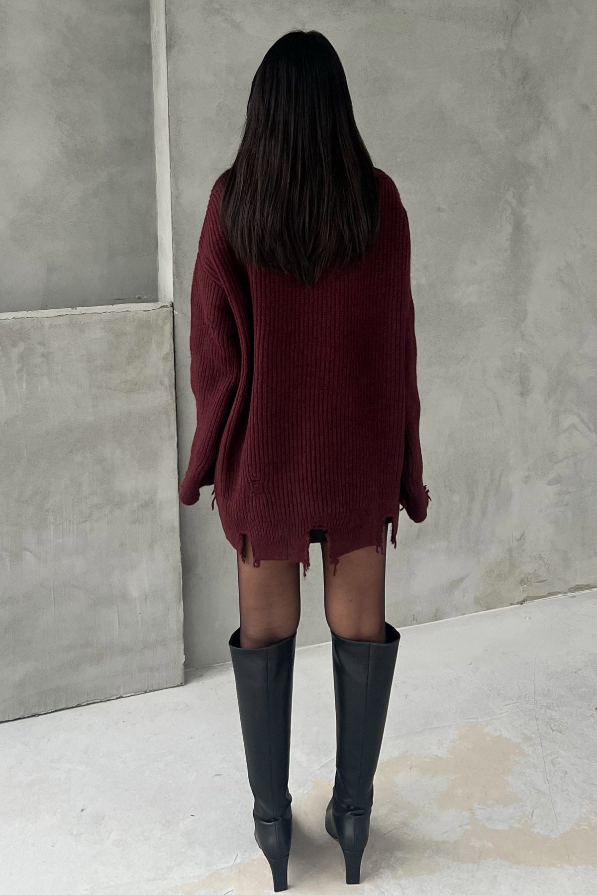 Bordo Yırtık Detaylı Boğazlı Triko Kazak SY-2840-Bordo