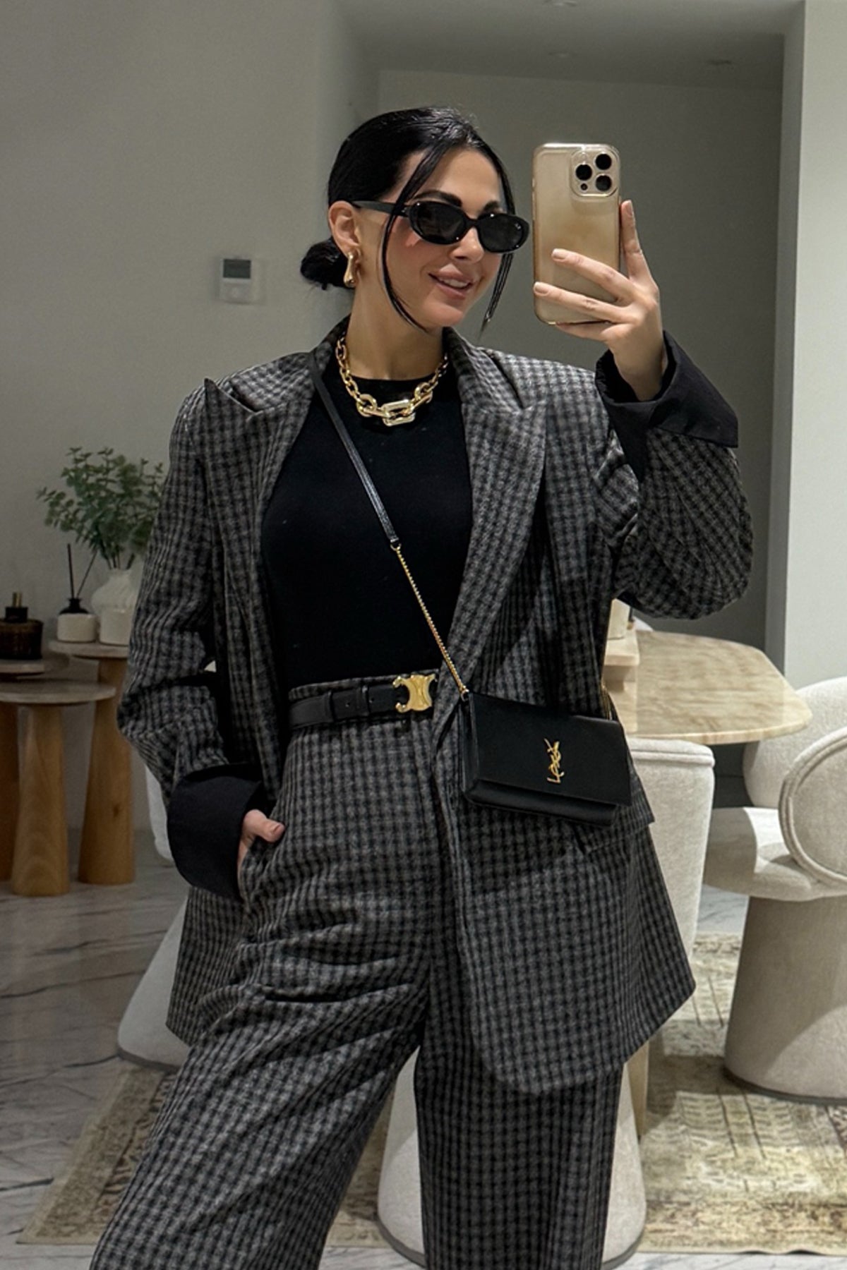 Gri Kareli Blazer Ceketli Pantolon Takım SY-3574-Gri