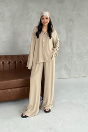 Haki Keten Polo Yaka Gömlek Pantolon Takım SY-3118-Haki