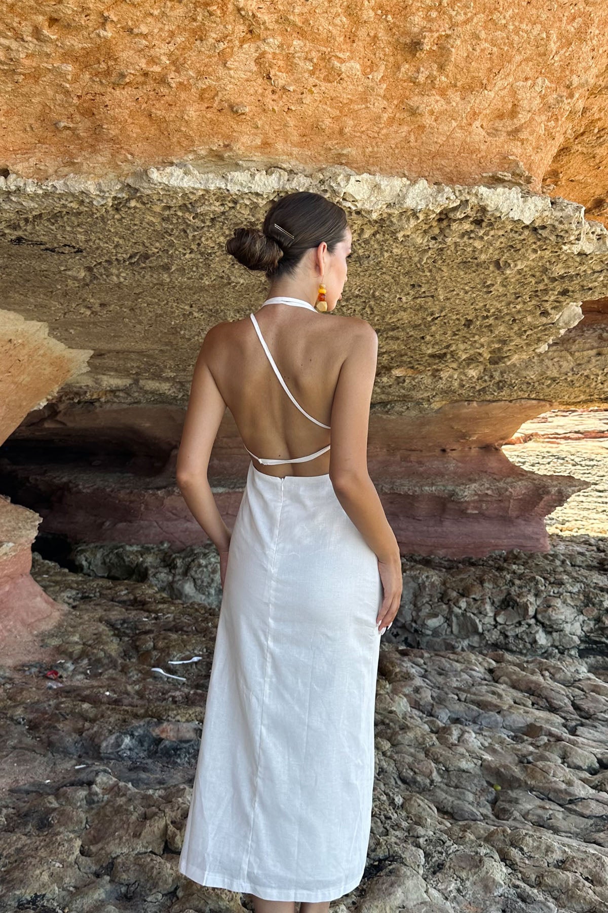 Ekru Sırt Dekolteli Çan Keten Elbise SY-0789-Ekru