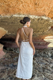 Ekru Sırt Dekolteli Çan Keten Elbise SY-0789-Ekru