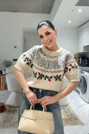 Ekru Nakış İşlemeli Kısa Kollu Triko SY-3552-Ekru