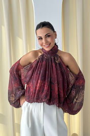 Kırmızı Desenli Omuzları Açık Bluz SY-3362-Kırmızı