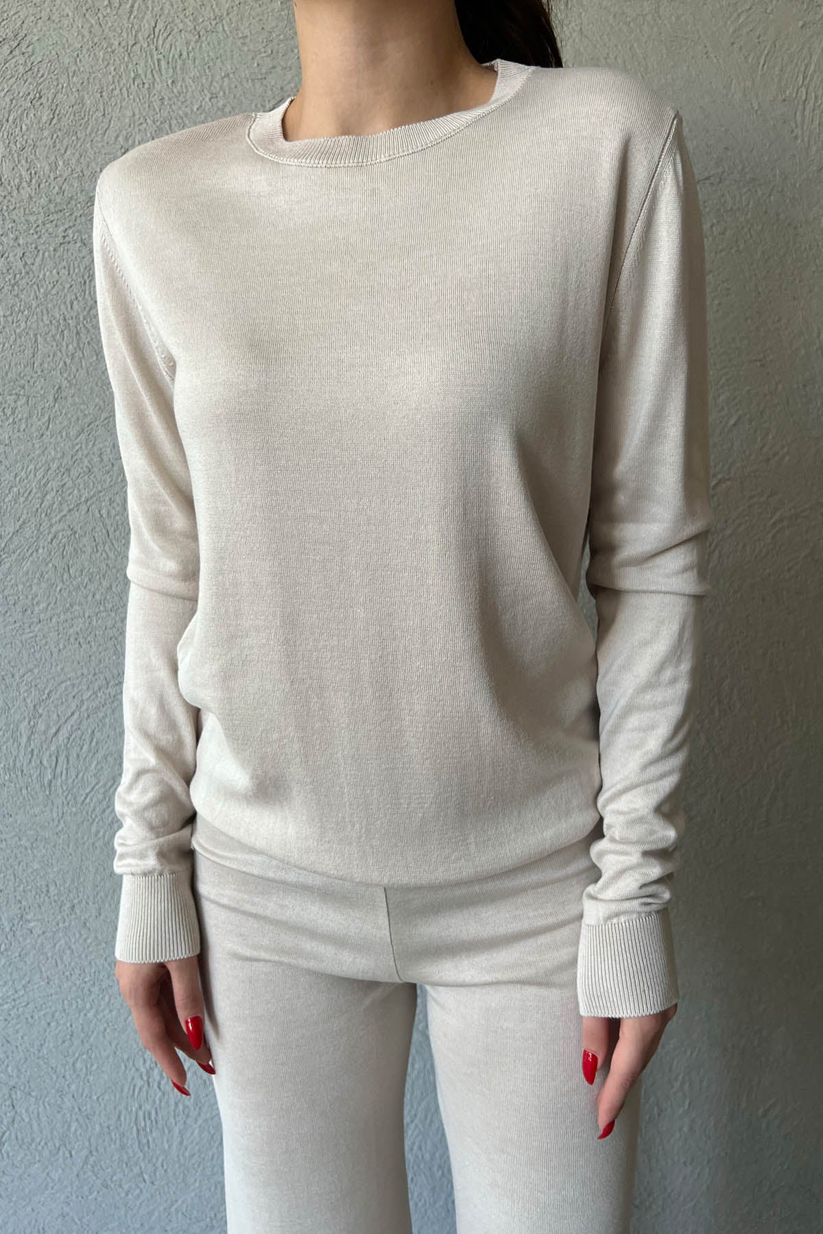 Bej Kazak ve Beli Lastikli Pantolon Triko Takım SY-1583-Bej