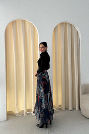 Lacivert Kemerli Metalik ipli Baskılı Etek SY-3478-Lacivert