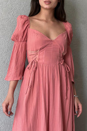 Gül Kurusu Düşük Kol Balenli  Gofre Kumaş Uzun Elbise SY-1779-Gül Kurusu