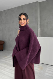 Mürdüm Şal Detaylı Triko Kazak SY-3427-Mürdüm