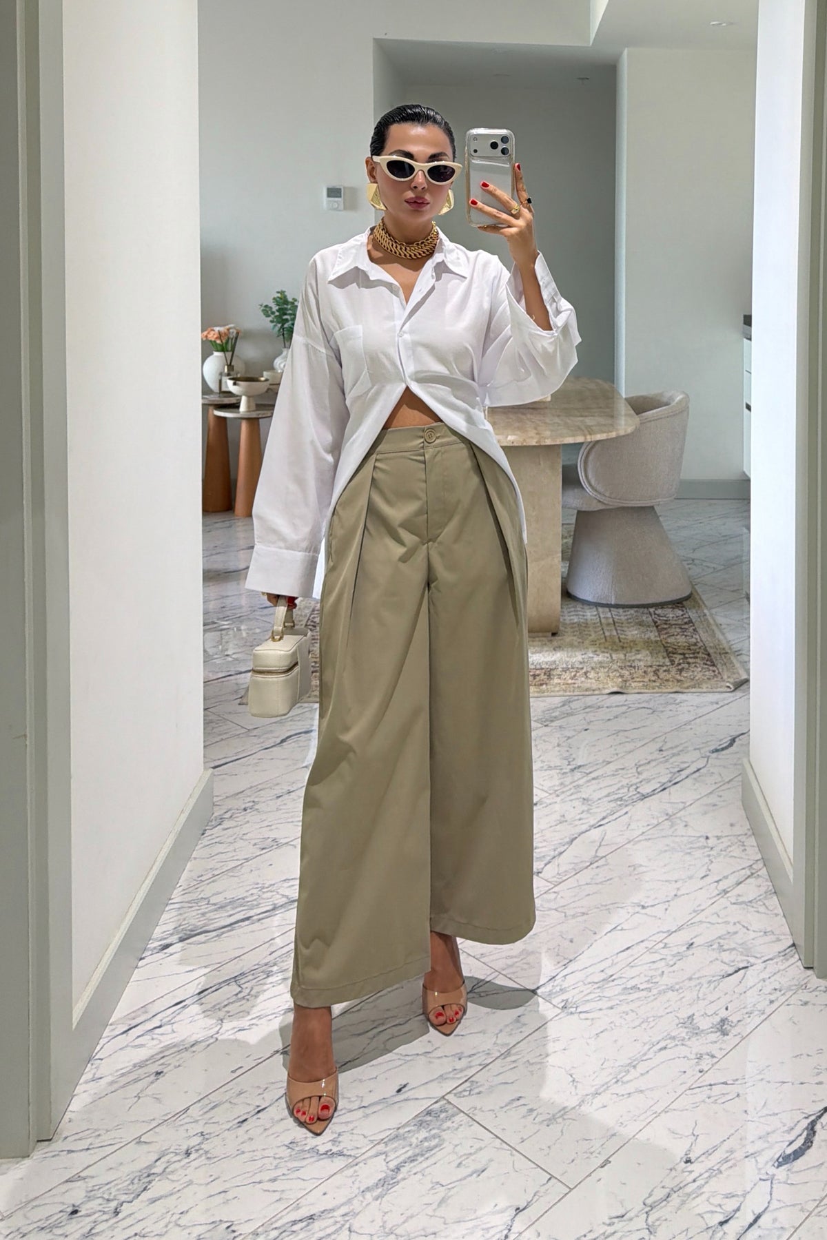 Haki Pileli Geniş Paça Gabardin Pantolon SY-3847-Haki
