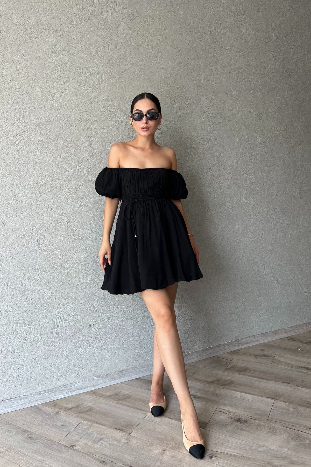 Siyah Prenses Balon Kol Mini Elbise SY-2304-Siyah