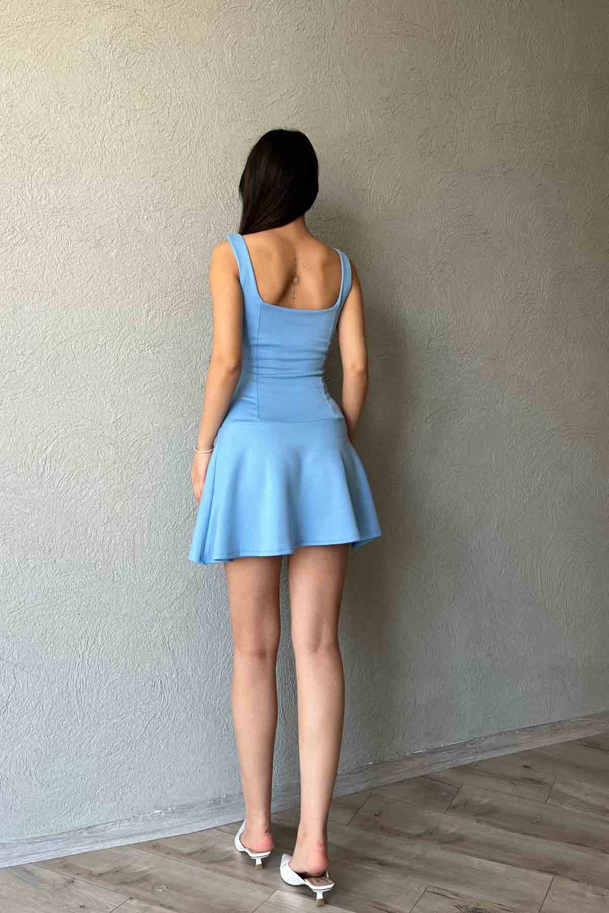 Mavi Kare Yaka Eteği Volanlı Mini Elbise SY-1928-Mavi