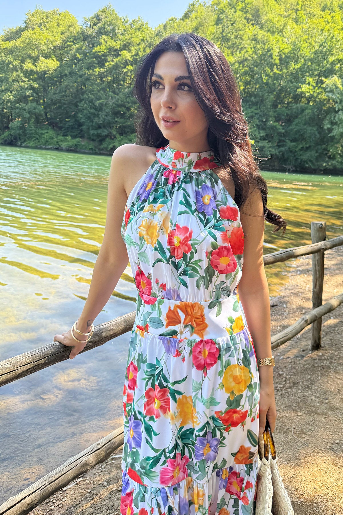 Halter Yaka Çok Renkli Çiçekli Elbise SY-3232-Renkli