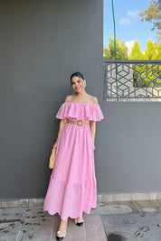 Pembe  Madonna Yaka Kemer Detaylı Fisto Elbise SY-1964-Pembe