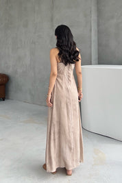 Vizon Boncuk Detaylı Askılı Elbise SY-3215-Vizon