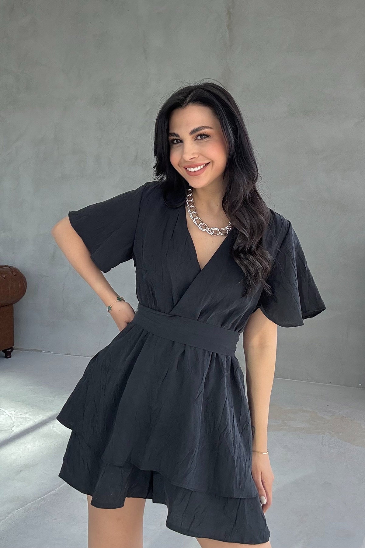 Siyah Beli Lastikli Kuşaklı Mini Elbise SY-3067-Siyah