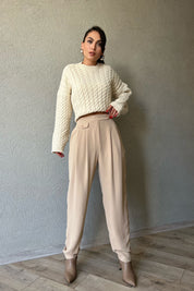 Bej Çift Pileli ve Düğmeli Şalvar Pantolon SY-1317-Bej