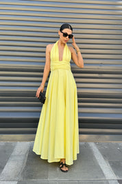 Sarı Puglia Tasarım Sırt Detaylı Keten Elbise SY-2263-Sarı