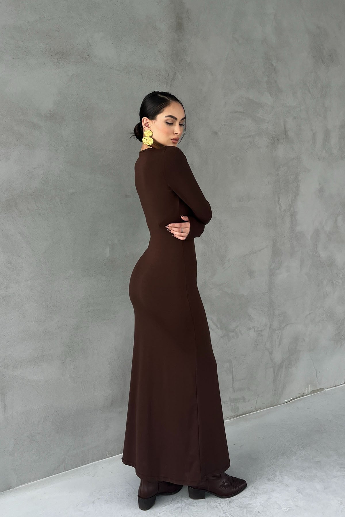 Kahverengi Lyon Uzun Kollu Elbise SY-2757-Kahverengi