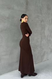 Kahverengi Lyon Uzun Kollu Elbise SY-2757-Kahverengi
