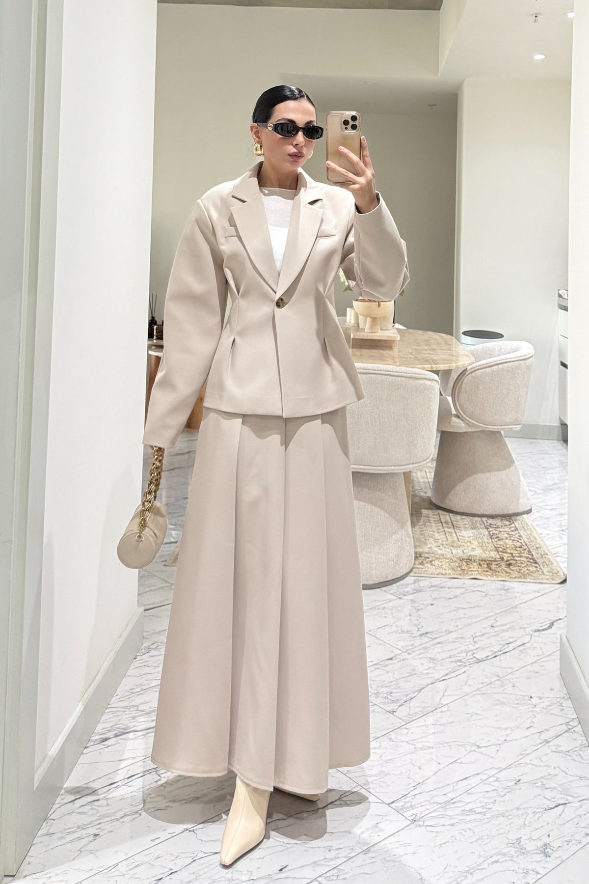 Bej Pli Detaylı Ceket Etek Takım SY-3550-Bej