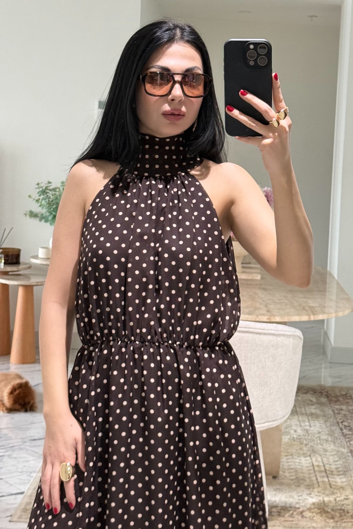 Kahverengi Halter Yaka Puantiyeli Elbise SY-3665-Kahverengi