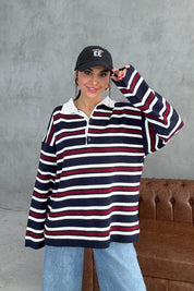 Bordo-Lacivert Polo Yaka Çizgili Kazak SY-3475-Lacivert