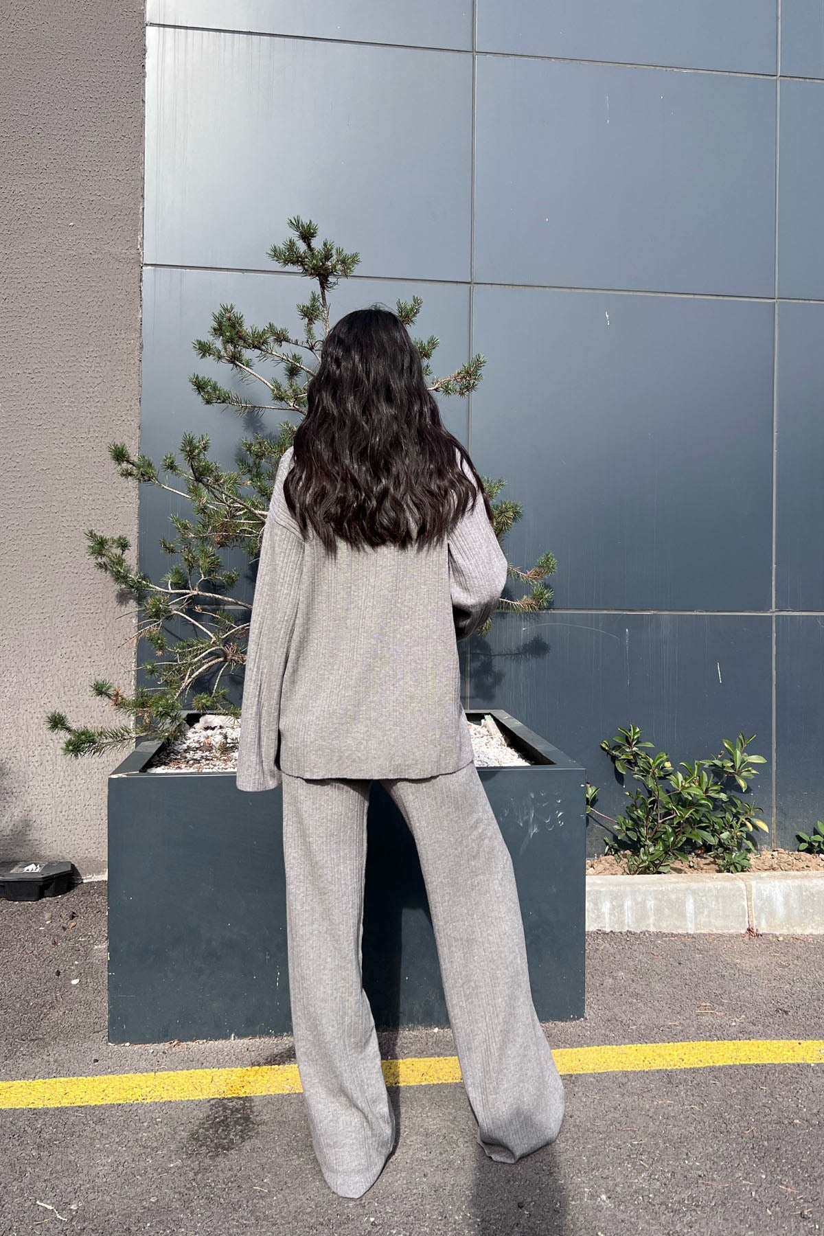 Gri Triko Düğme Detay Bluz ve Pantolon Takım SY-0983-Gri