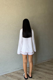 Kırmızı Çizgili Uzun Kollu Gipeli Şortlu Takım SY-2365-Beyaz