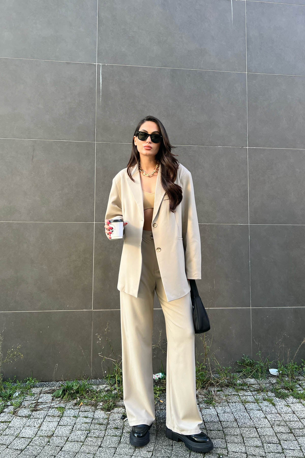 Önü Pileli Bej Palazzo  Pantolon SY-1605-Bej