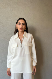 Ekru Fermuarlı Sweat ve Bol Paça Pantolon Takım SY-1490-Ekru