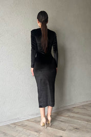 Siyah Gül Detaylı Kadife Elbise SY-1499-Siyah