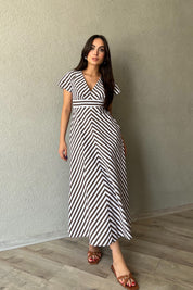 Kahverengi Çizgili Kısa Kol Elbise SY-2074-Kahverengi