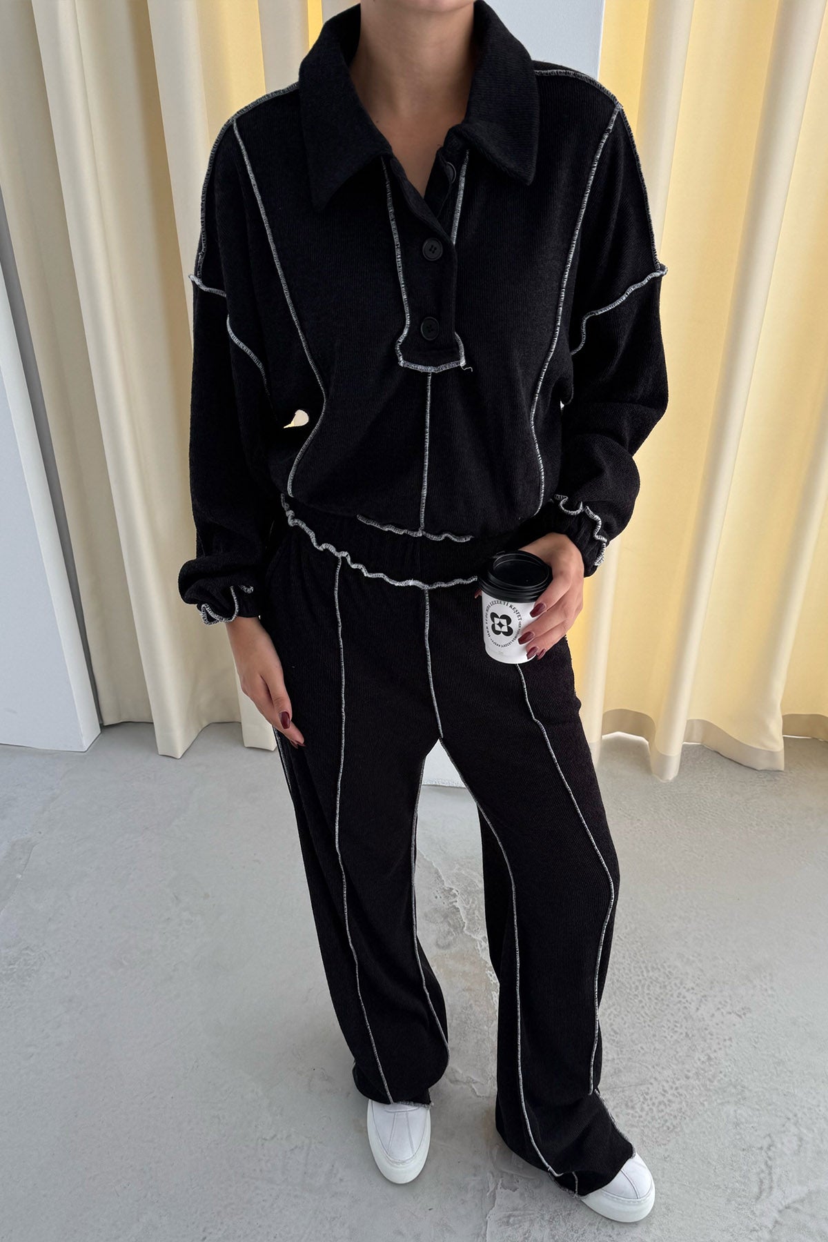 Siyah Ters Dikiş Detay Polo Yaka Triko Takım SY-2722-Siyah