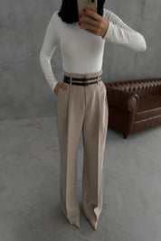 Bej Çift Kemerli Premium Palazzo Pantolon SY-3471-Bej