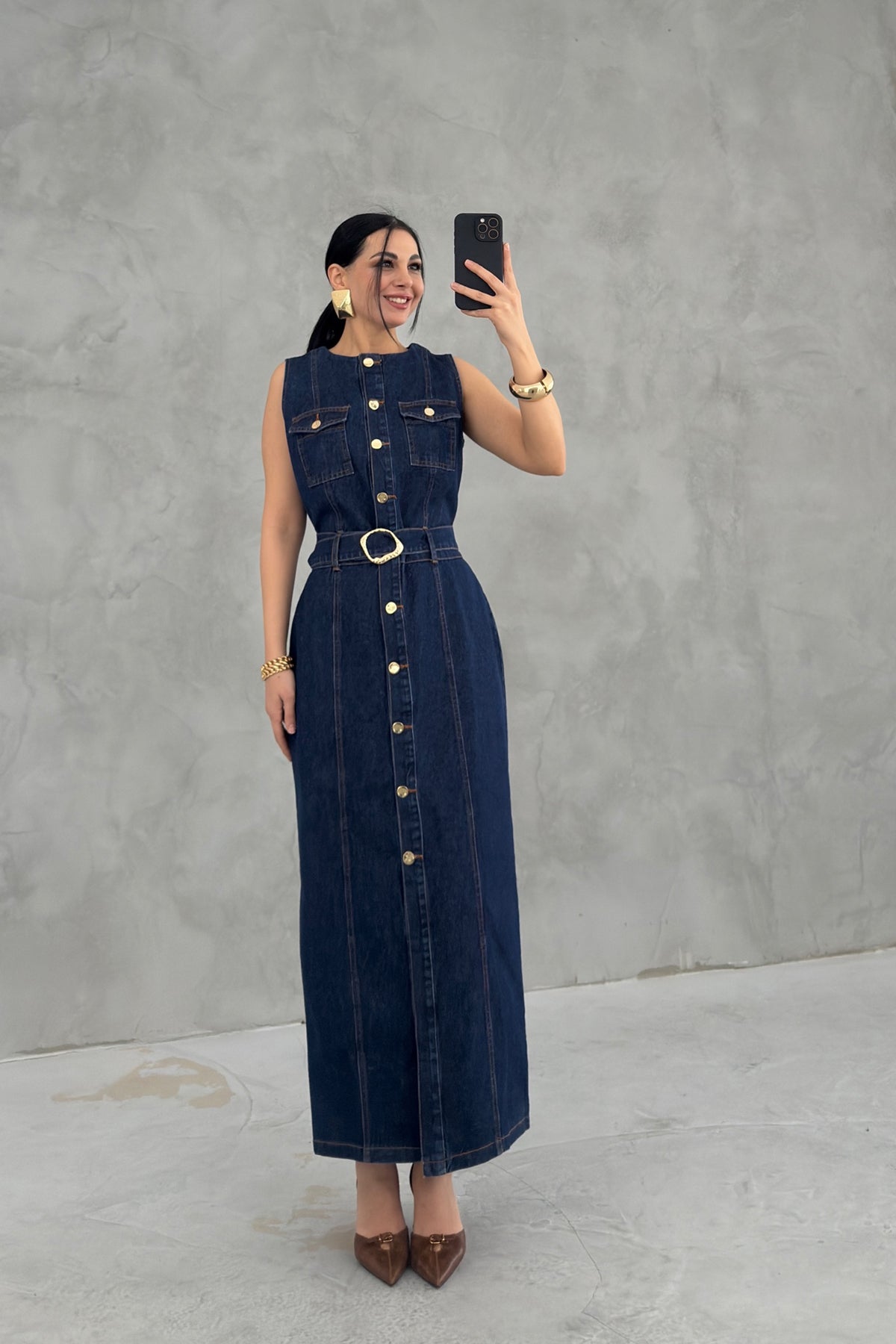 Gol Düğmeli Sıfır Kol Denim Elbise SY-3638-Mavi