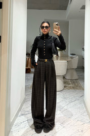 Antrasit Yüksek Bel Ekoseli Kahve Çizgili Pantolon SY-3524-Antasit