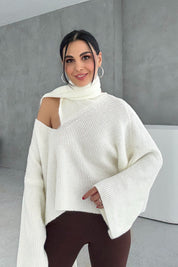 Ekru Şal Detaylı Triko Kazak SY-3427-Ekru