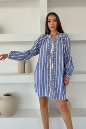 Mavi Püsküllü Çizgili Keten Elbise SY-0485-Mavi