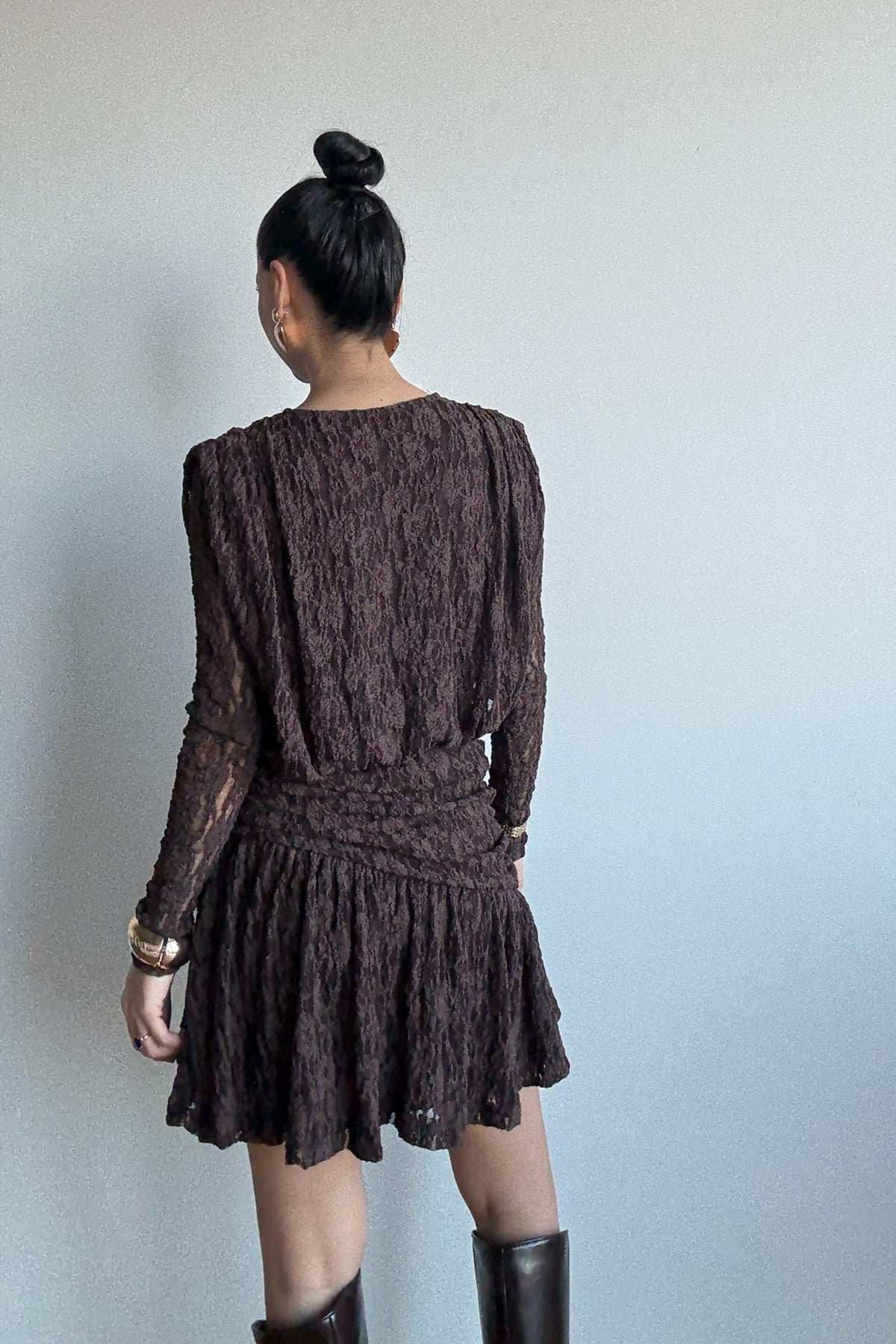 Kahverengi Güpürli Midi Tasarım Elbise SY-3489-Kahverengi