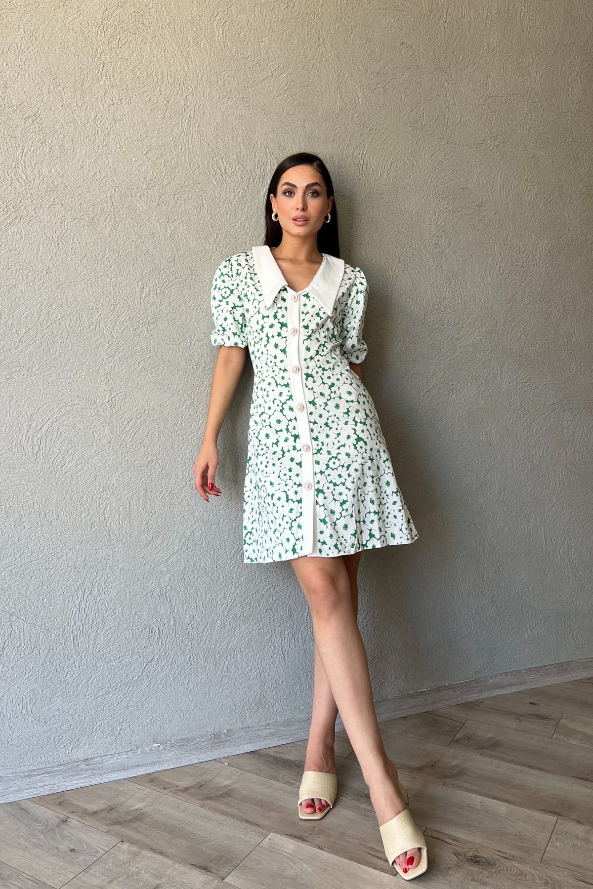 Yeşil Desenli Düğme Detaylı Poplin Elbise SY-2058-Yeşil