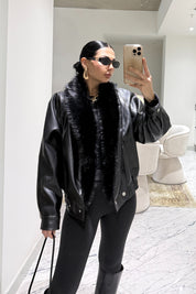 Suni deri kürk yakalı ceket SY-3568