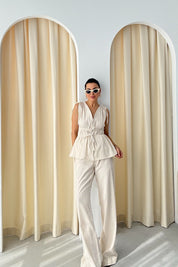 Taş Lastik Detaylı Bluz Pantolon Takım SY-3259-Taş