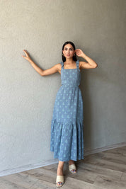 Mavi Desenli Kolu Fırfırlı Bağlamalı Elbise SY-2347-Mavi