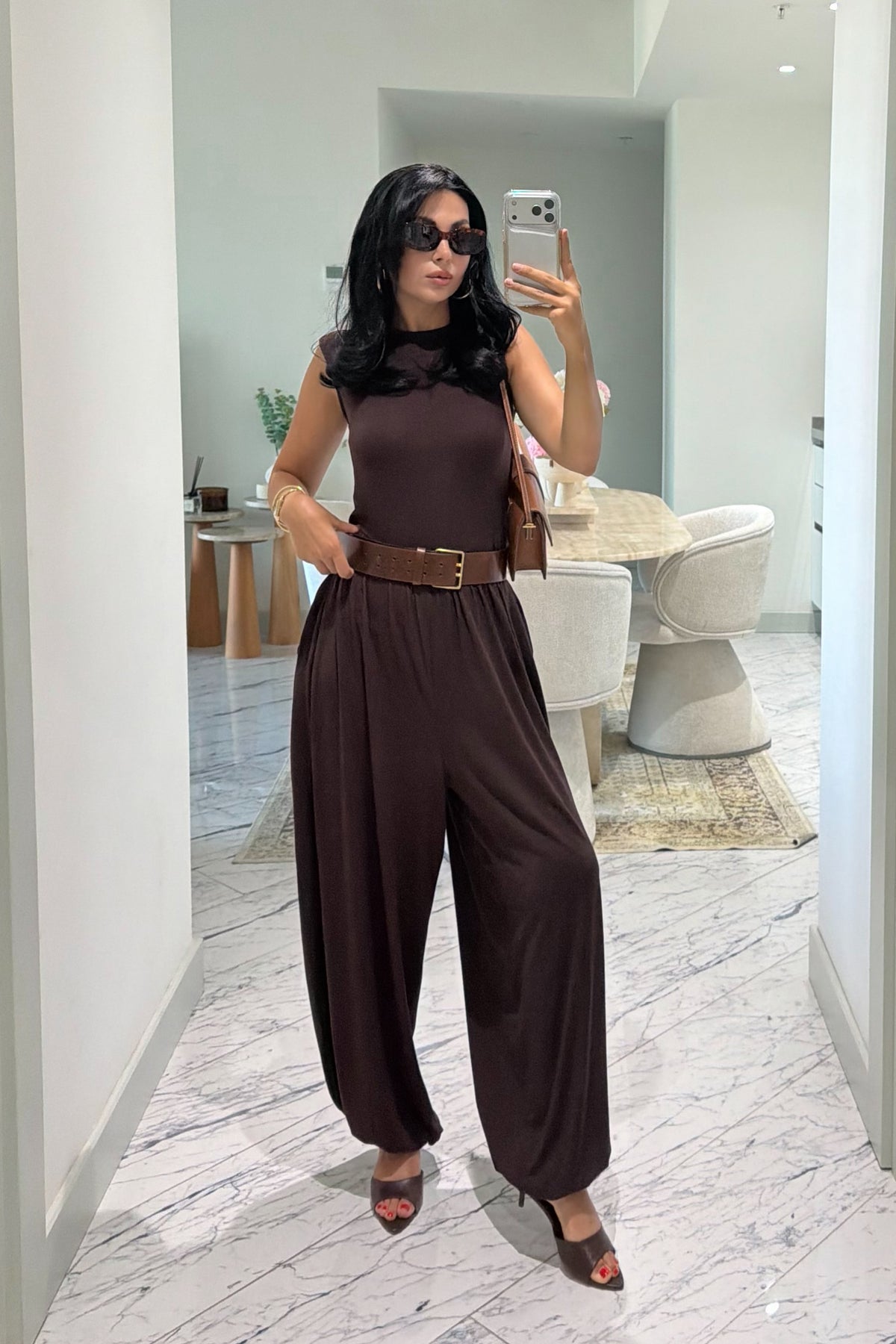 Kahve Modal Salaş Kesim Kolsuz Tulum SY-3797-Kahverengi