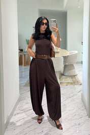 Kahve Modal Salaş Kesim Kolsuz Tulum SY-3797-Kahverengi