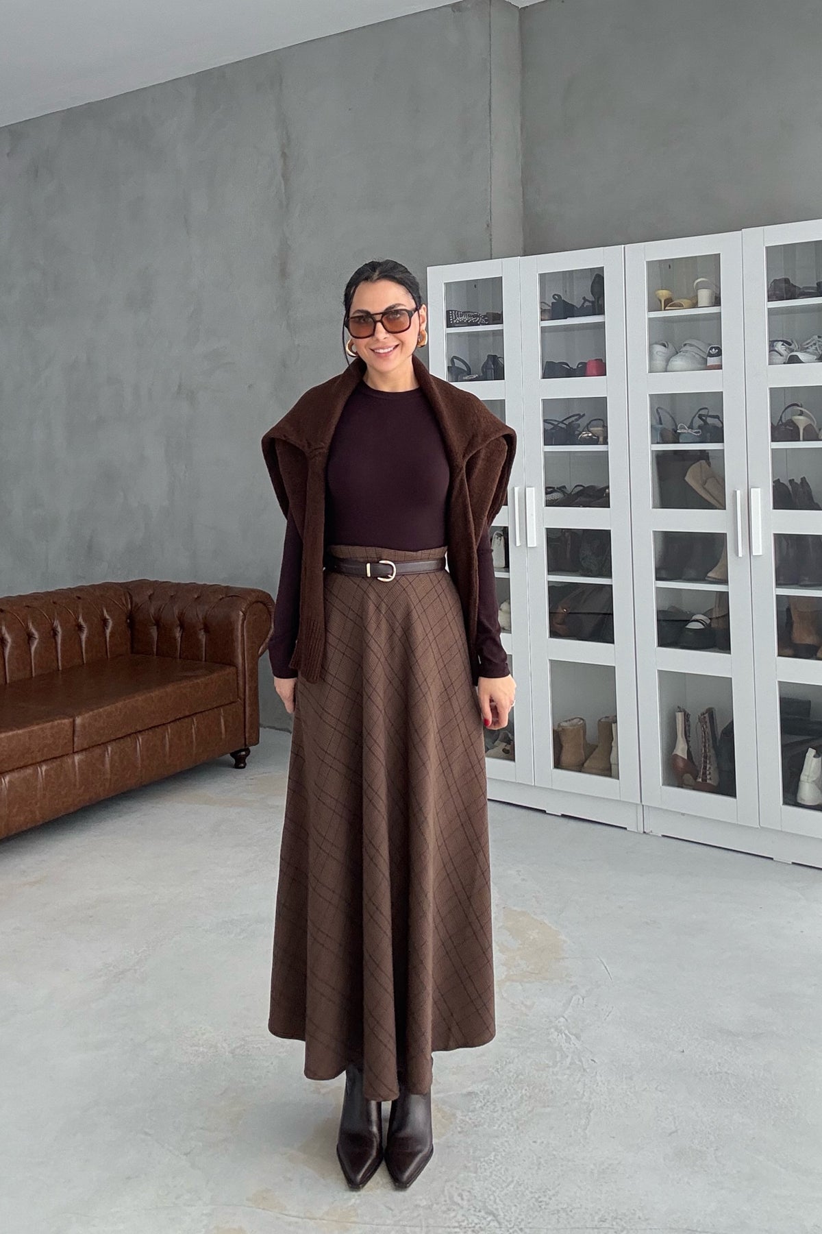 Kahverengi Ekoseli Cepli Midi Etek SY-3467-Kahve