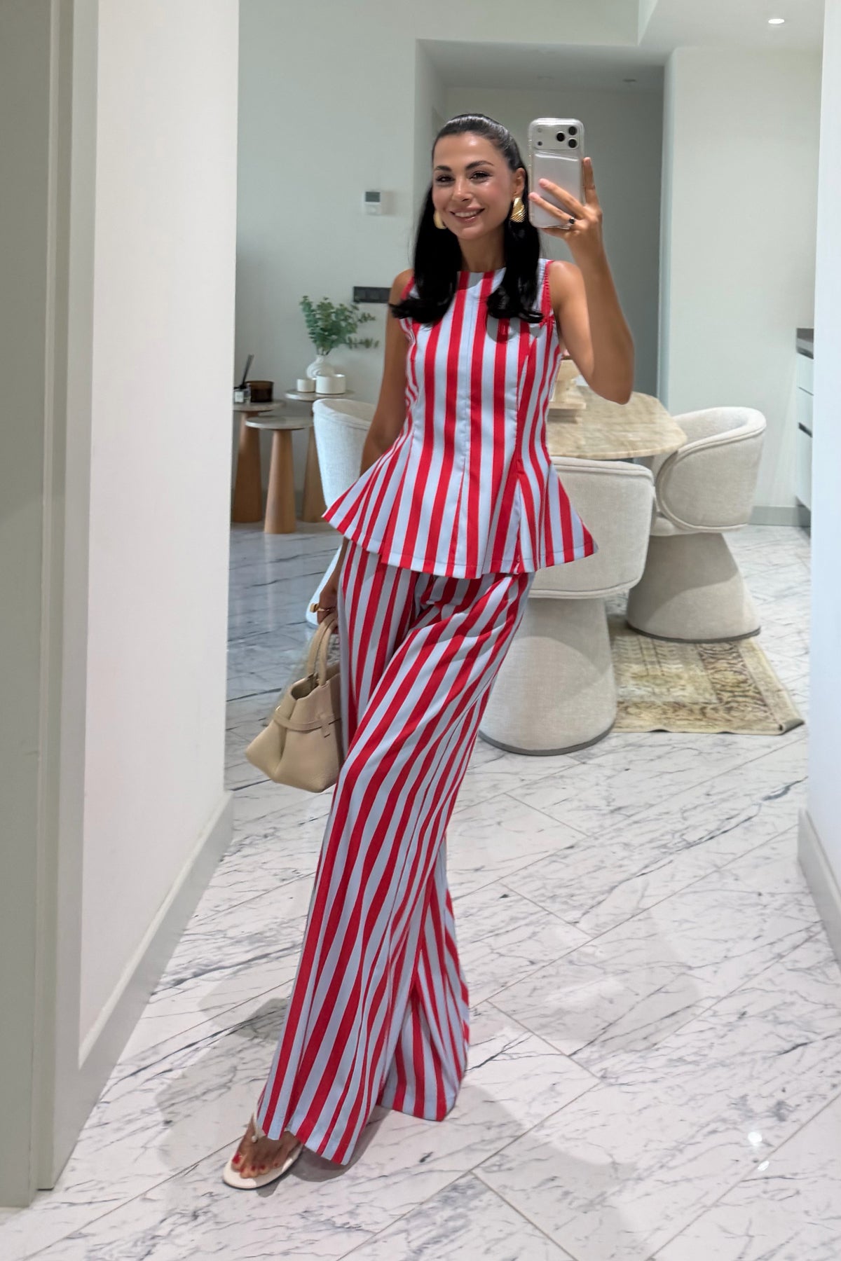 Kırmızı Mavi Çizgili Peplum Bluz Pantolon Takım SY-3790-Kırmızı