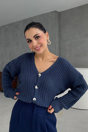 Kadın Lacivert V Yaka Düğme Detaylı Triko Kışlık Hırka SYM-3427-Lacivert